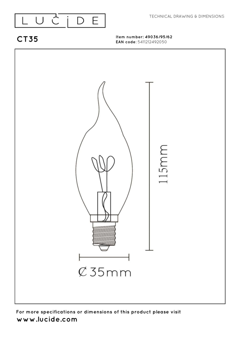 Lucide CT35 - Filament bulb - Ø 3,5 cm - E14 - 1x3W 2200K - Amber